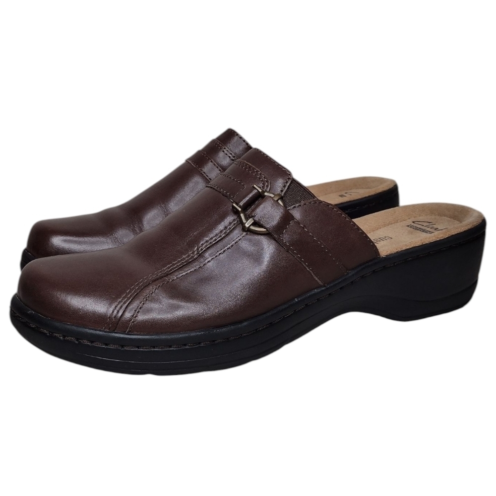 Clarks Hayla Marina Brown Leather Comfort Slip-On Casual Clogs Mules Shoes Sz 10